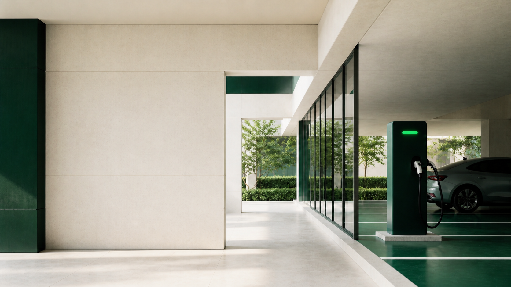 Architectural EV charging bay with forest green charger and vehicle