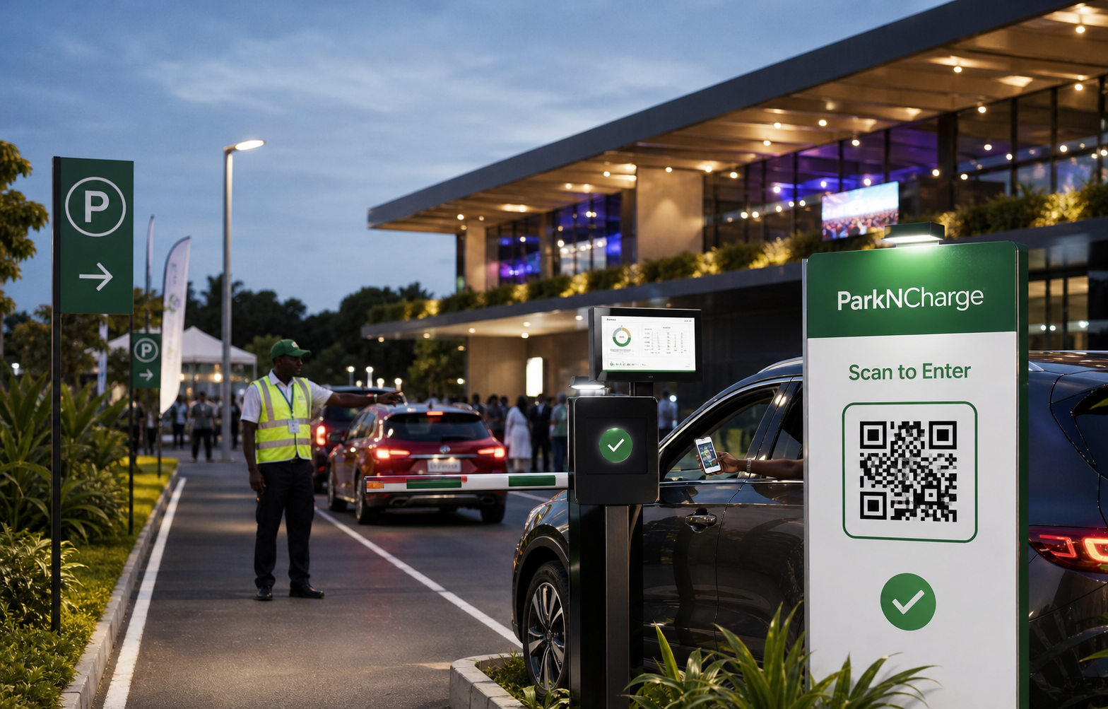 Event center parking entrance with QR-based guest access and organized parking lanes