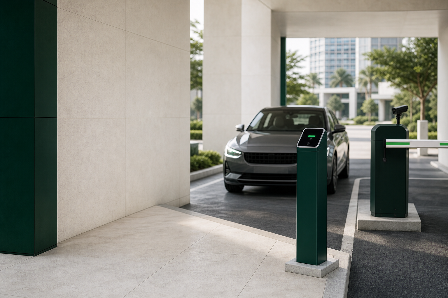 Smart parking entrance with LPR camera and barrier system